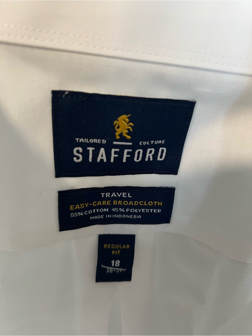Stafford Men’s White Dress Shirt 18 36/37 Regular Fit Easy-Care Broadcloth - Picture 2 of 3